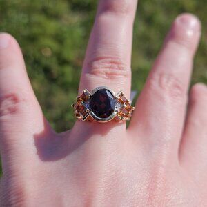 10K Yellow Gold Garnet Citrine Diamond Cocktail Art Deco S Ring Size 6.75